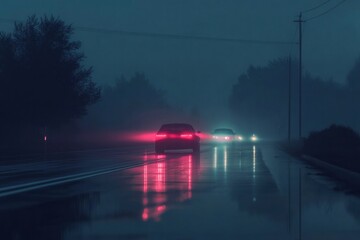 Bright car lights streak along a wet night road creating an atmospheric and moody scene for text placement. Generative AI