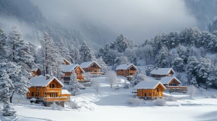 Naklejka premium winter and fog in the mountains villages