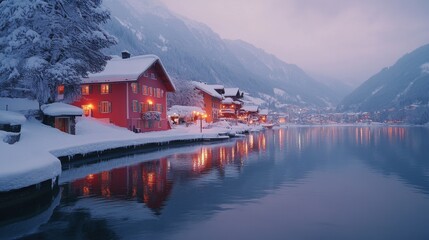 Fototapeta premium zell am see in winter evening view of lake zell town mountains and snow with reflections in water alpine town at purple dusk famous ski resort in alps austria winter wonderland for travel