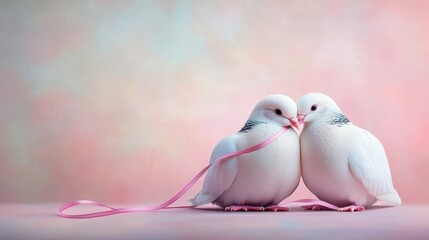 Two Adorable White Pigeons Gently Touching Beaks with a Pink Ribbon on a Soft Pastel Background, Symbolizing Love, Romance, and Connection in a Charming Scene