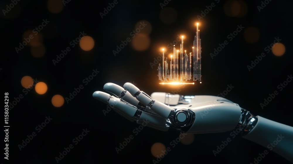 Aufkleber Futuristic Robotic Hand Displaying Digital Data Visualization with Glowing Graphs and Charts Representing Technological Progress and Innovation