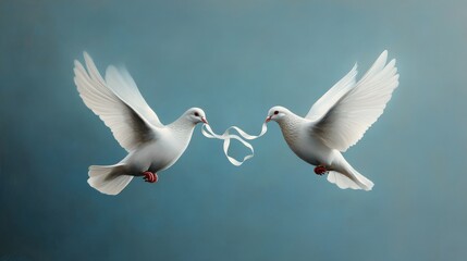 Two White Doves with Ribbons in Their Beaks Symbolizing Love and Peace Against a Soft Blue Background in a Serene and Dreamy Atmosphere