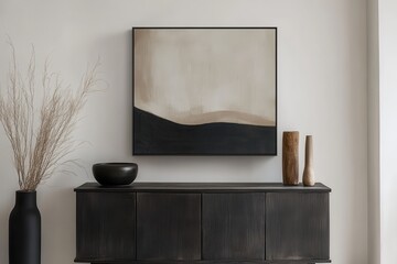 A simple living space showcases dark furnishings on light walls fostering a calm vibe A black dresser is placed under an abstract artwork with an empty picture frame