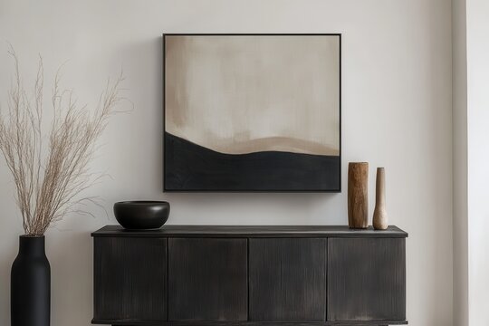 A simple living space showcases dark furnishings on light walls fostering a calm vibe A black dresser is placed under an abstract artwork with an empty picture frame