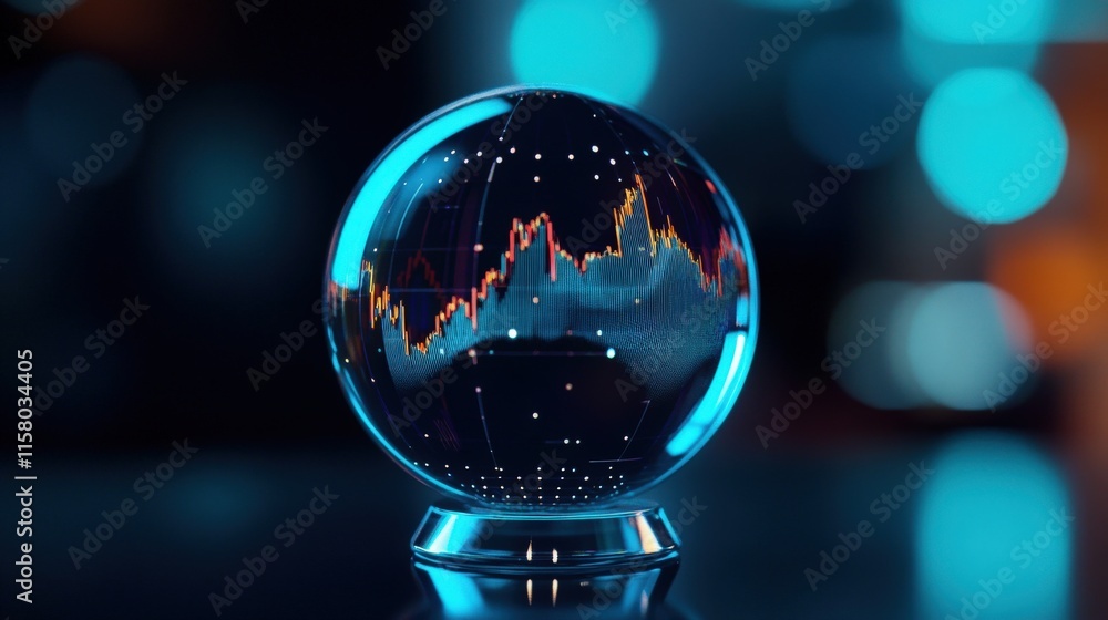 Poster futuristic glass orb with stock market chart, displaying financial trends and data analysis in a hig