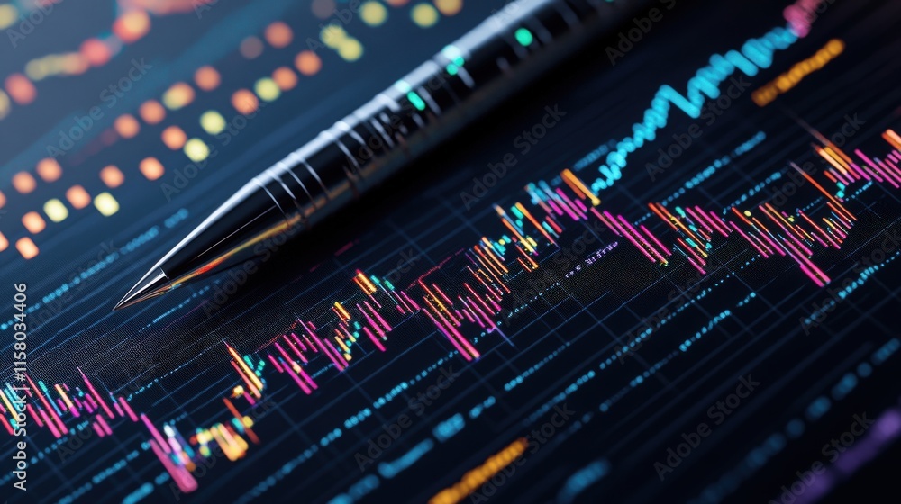 Poster abstract financial technology analysis with digital graphs, vibrant colors, and a sleek pen emphasiz