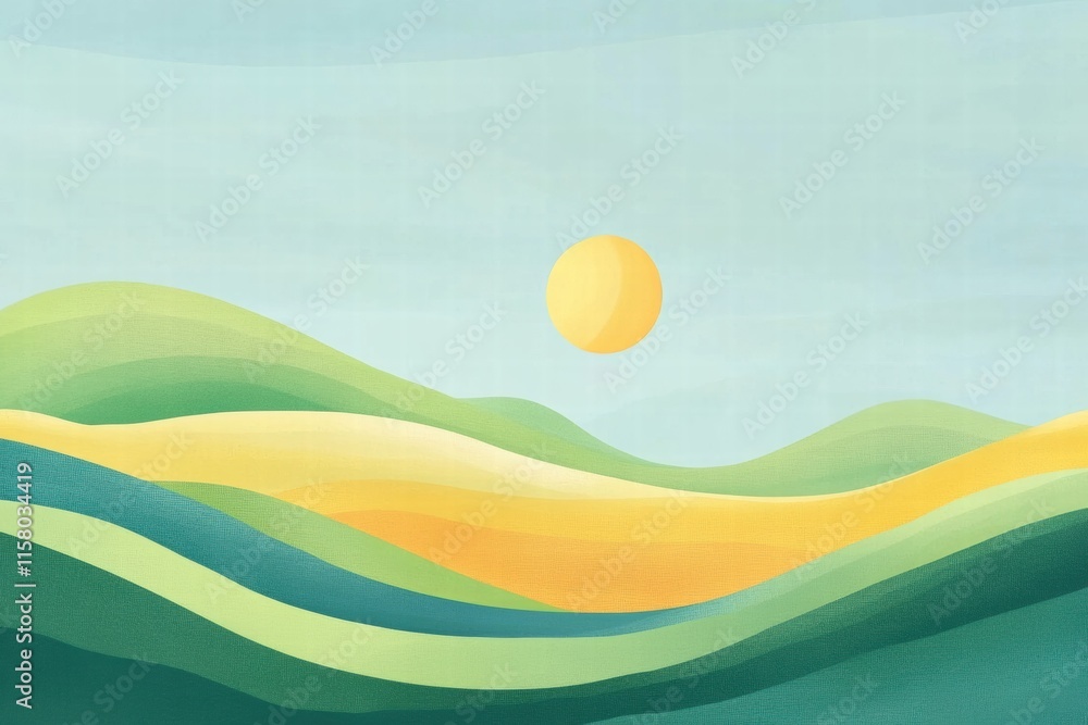 Poster sunrise over rolling hills in naive art style with ample space for text and creative mock up ideas. 
