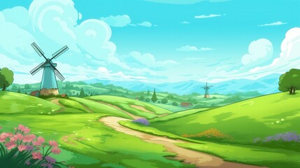 Obraz premium Idyllic Rural Landscape Featuring Windmills and Rolling Green Hills