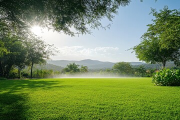 Obraz premium A sprinkler nourishes a vibrant lawn beneath a clear sky forming a lush landscape
