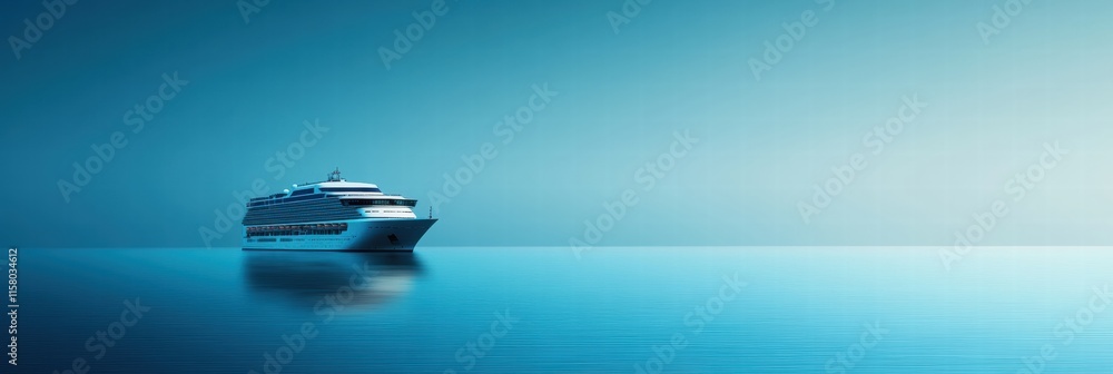 Poster luxury cruise ship sails smoothly across a tranquil sea under a serene sky at sunset, with ample spa