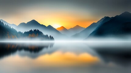 Fototapeta premium A tranquil scene of a calm lake at sunrise, with mist rising from the water’s surface and the surrounding mountains reflecting in the stillness of the lake. The soft colors of the early morning 