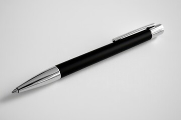 A stylish ballpoint pen with a silver body and black grip rests on a white background