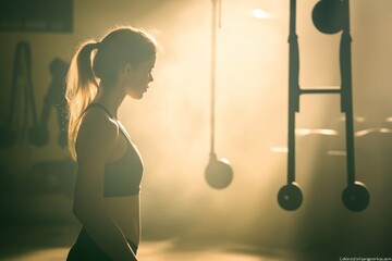 A silhouette of a focused woman in a gym, embodying strength training in winter weight loss. The atmosphere is filled with motivation and determination for fitness goals.