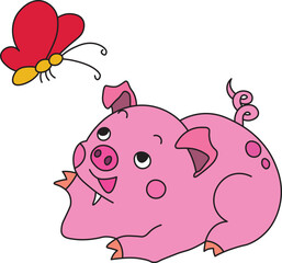 a cute pink pig lies and looks happily at a butterfly flying nearby