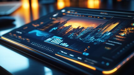 Fototapeta premium Futuristic tablet displaying city skyline and data analytics.