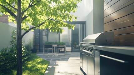 Fototapeta premium Tranquil Outdoor Kitchen Patio with Grill and Lush Greenery