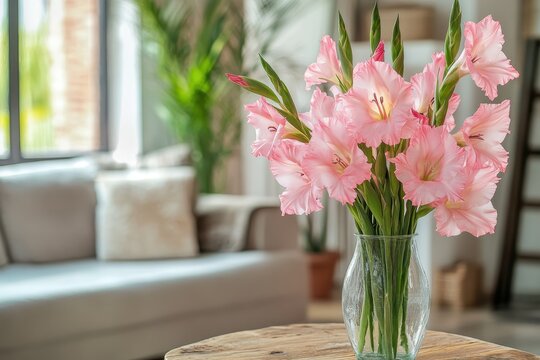 A wooden table in the living room holds a vase of lovely pink gladiolus