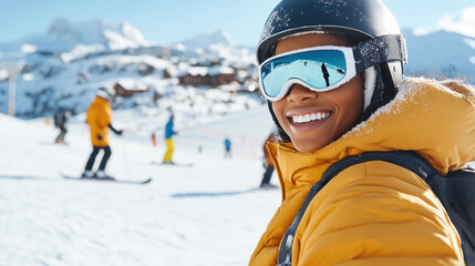 Black woman snowboarding with helmet and goggles at slope snow mountain