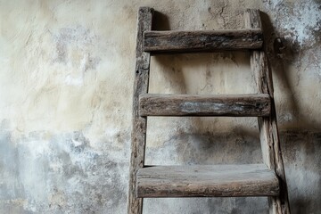 Aged timber ladder leaning on the wall