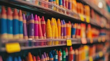 Colorful Crayons Displayed on a Store Shelf for Art Supplies