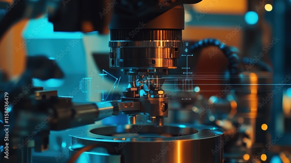Poster Advanced Laboratory Equipment in Action with High Precision Technology, Featuring a Close-Up of Microscopic Imaging and Data Visualization