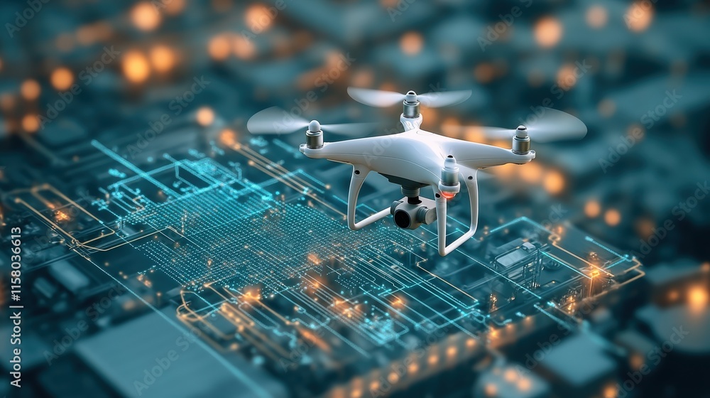 Poster High-Tech Drone Captured in Flight Above Futuristic Circuit Board with Digital Connections, Exploring the Frontiers of Aerial Technology and Innovation