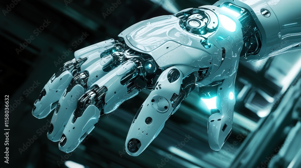 Poster Futuristic Robot Hand with Advanced Mechanics and LED Lights in a High-Tech Environment, Showcasing Innovation in Robotics and Technology Design