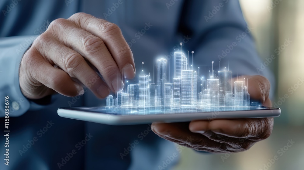 Poster hands interacting with digital model of futuristic city on tablet screen, concept of smart technolog