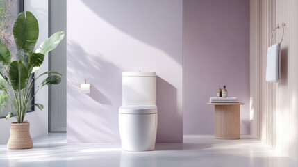 Minimalist contemporary toilet with natural light and purple accents