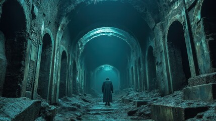 An eerie underground passageway with a solitary figure, evoking mystery and exploration.