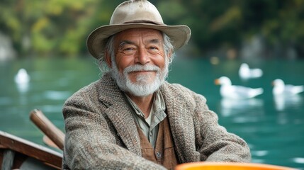 An elderly man smiles while sitting in a boat surrounded by water and ducks.