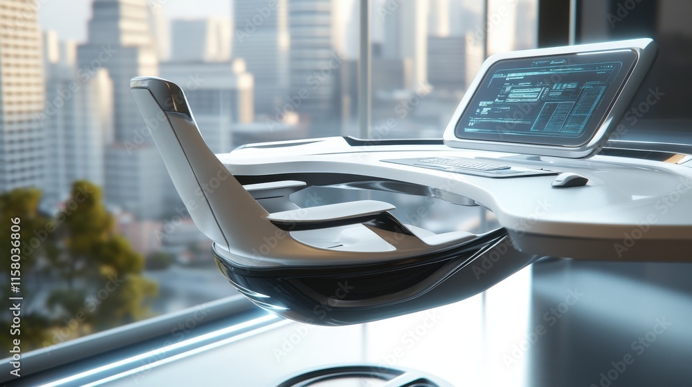Poster futuristic office workspace with high-tech desk and city view, featuring sleek design, modern comput