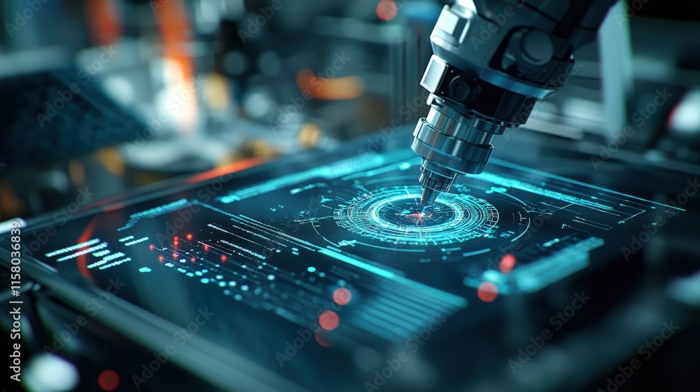 Poster Advanced robotic arm interacting with digital interface, showcasing cutting-edge technology and innovation in automation and smart manufacturing processes in a futuristic environment