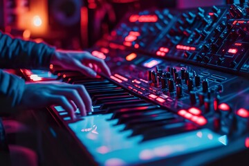 Hands Playing Synthesizer Keyboard in Neon Light