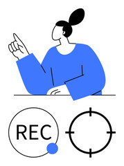 Person pointing upward while wearing a blue sweater. Below, recording indicator and focus target icons. Ideal for presentations, tutorials, webinars, video creation, instructional content, media