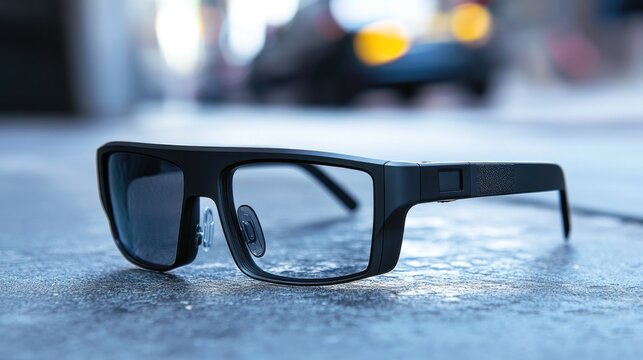 Black rectangular sunglasses lying on the ground outdoors.