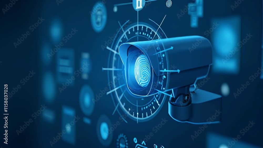 Aufkleber a digital security camera with a fingerprint overlay, symbolizing surveillance and identity verifica