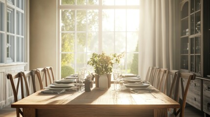Obraz premium Sunlit dining room with table set for a meal.