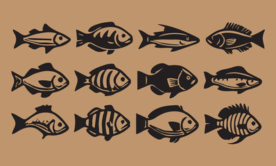 Set of Fish simple icons vector design Different type of Fish silhouette vector illustration Silhouette fish vector collection design