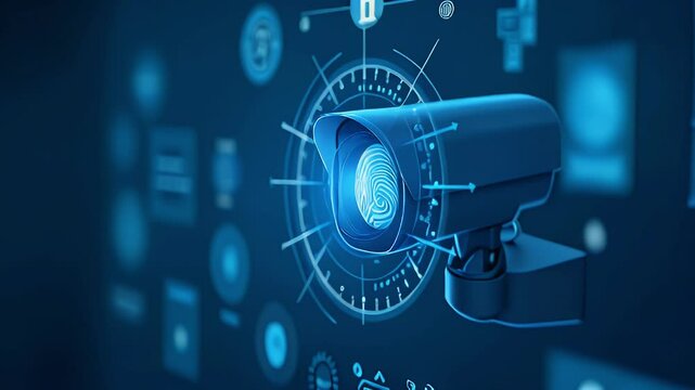 A digital security camera with a fingerprint overlay, symbolizing surveillance and identity verification.