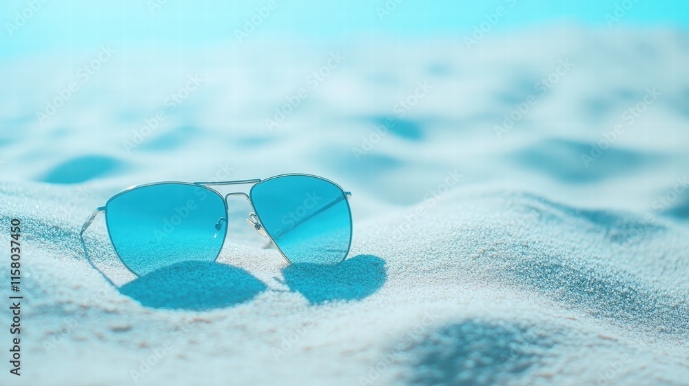 Poster stylish sunglasses resting on soft sand with space for personalized text and design at a beach locat