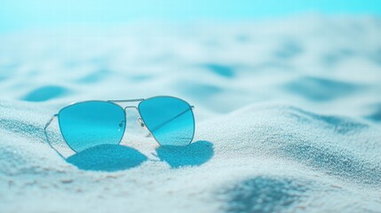 Stylish sunglasses resting on soft sand with space for personalized text and design at a beach location. Generative AI