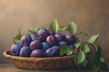 Basket of ripe plums with green leaves on a wooden surface against a brown backdrop Organic purple fruit snack for a nutritious diet Close up still life