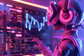 Humanoid with VR headset working on holographic display showing graph or financial risk management for business analysis or online profit report.	
