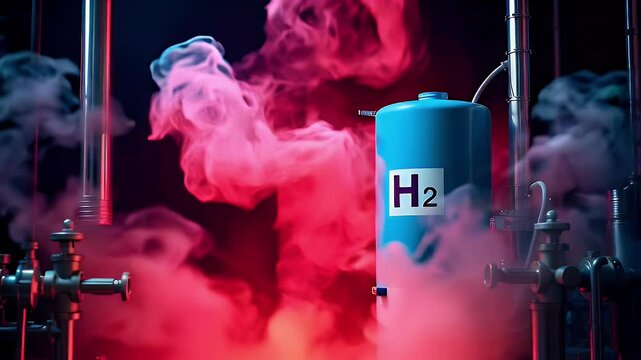 A blue gas cylinder labeled H2 surrounded by colorful smoke, suggesting a scientific context.