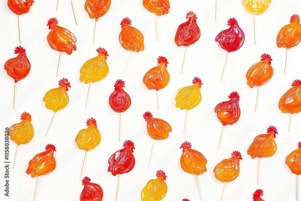 Poster colorful rooster shaped lollipops arranged neatly on a white background with ample space for creativ