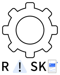 Gear symbol above the word Risk with a warning triangle in place of the letter I and a business chart on a mobile screen next to K. Ideal for risk management, business analysis, technology, finance