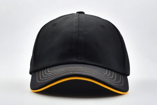 Black baseball cap with a yellow trim viewed from the front