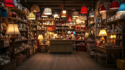Cozy Vintage Shop Interior with Colorful Lamps and Unique Items