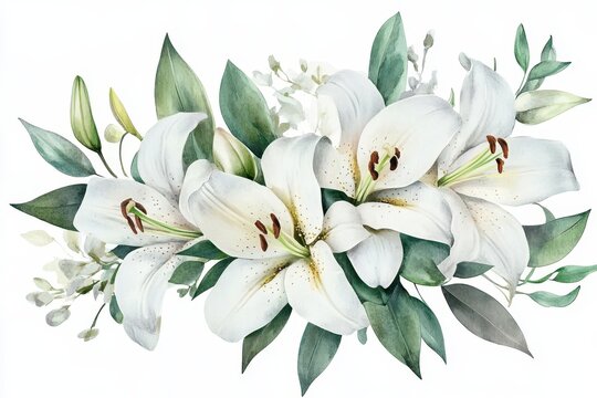 Bouquet of white lilies for wedding invites or cards on a white backdrop